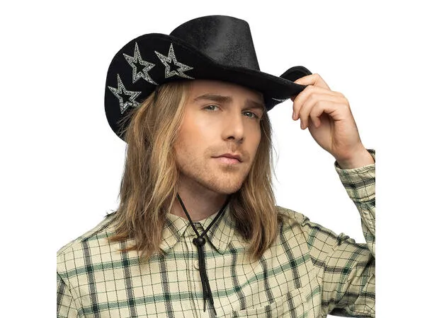 Cowboyhatt - Sort m/stjerner i sølv – Onesize