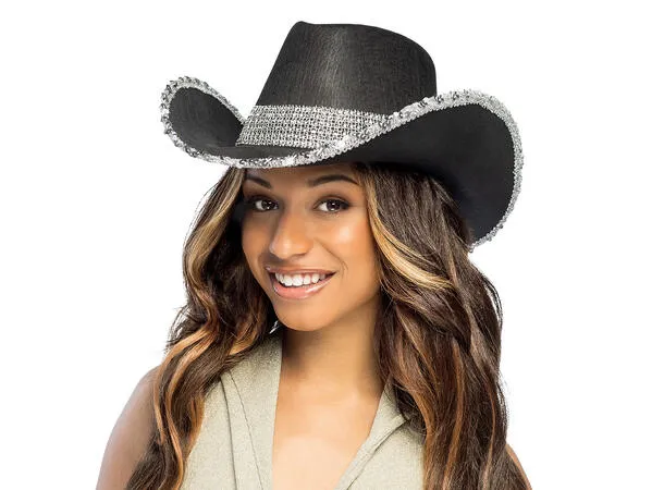 Glitter Cowboyhatt Sort med Strass – Onesize